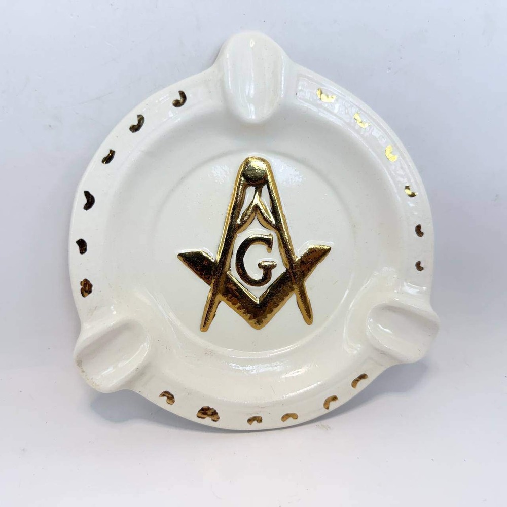 Vintage Masonic‎ Ceramic Ashtray White Gold Square Compasses Rdt 163 Freemason